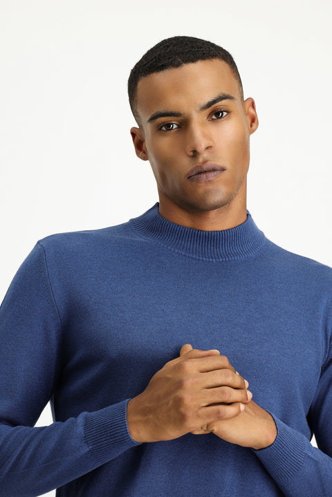 Indigo Melange Half Turtleneck Regular Fit Cotton Knit Sweater