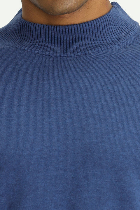 Indigo Melange Half Turtleneck Regular Fit Cotton Knit Sweater