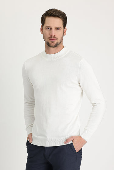 Ekru Yarım Balıkçı Yaka Regular Fit Pamuklu Triko Kazak