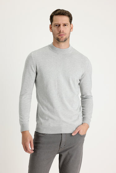 Açık Gri Melanj Yarım Balıkçı Yaka Regular Fit Triko Kazak