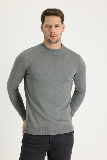 Orta Gri Melanj Yarım Balıkçı Yaka Regular Fit Triko Kazak