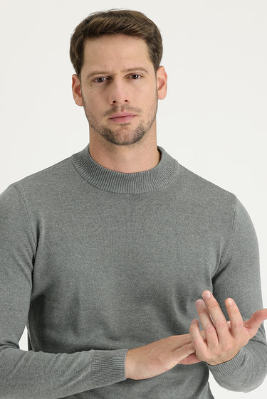 Orta Gri Melanj Yarım Balıkçı Yaka Regular Fit Triko Kazak