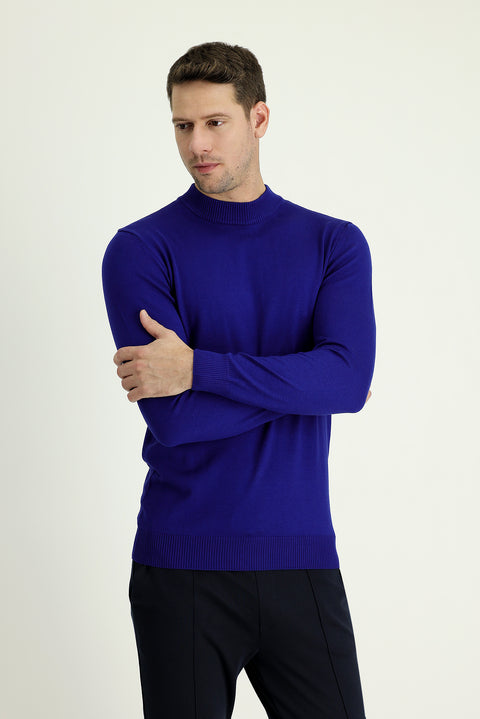 Navy Blue Half Turtleneck Regular Fit Knitted Sweater