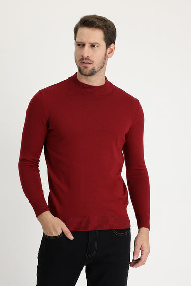 Koyu Kırmızı Yarım Balıkçı Yaka Regular Fit Triko Kazak