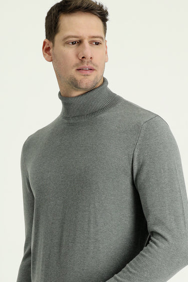 Orta Gri Melanj Balıkçı Yaka Regular Fit Triko Kazak