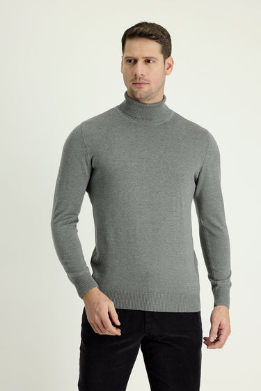 Orta Gri Melanj Balıkçı Yaka Regular Fit Triko Kazak