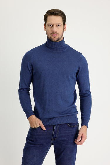 İndigo Melanj Balıkçı Yaka Regular Fit Triko Kazak