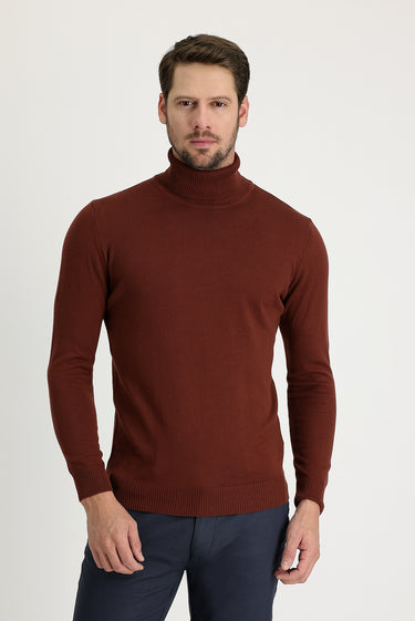 Kiremit Balıkçı Yaka Regular Fit Triko Kazak