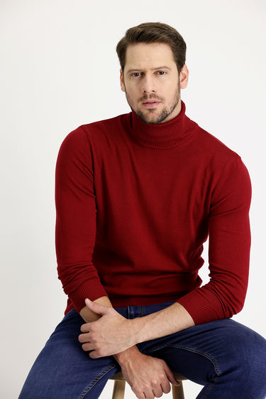 Koyu Kırmızı Balıkçı Yaka Regular Fit Pamuklu Triko Kazak