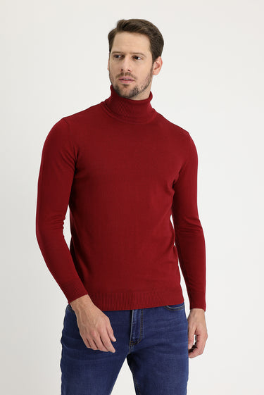 Koyu Kırmızı Balıkçı Yaka Regular Fit Pamuklu Triko Kazak