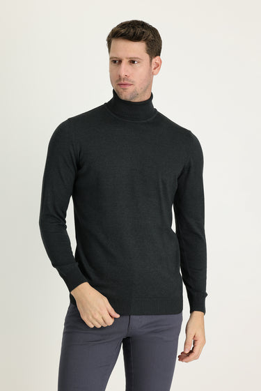 Koyu Antrasit Balıkçı Yaka Regular Fit Triko Kazak