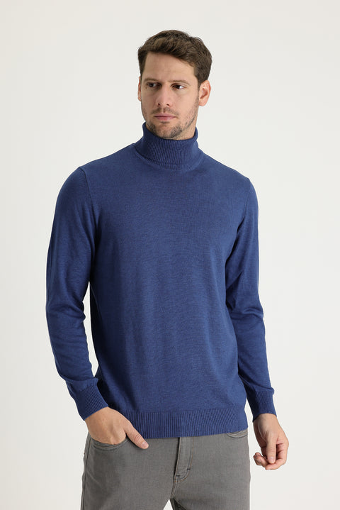 Indigo Melange Turtleneck Regular Fit Knitted Sweater