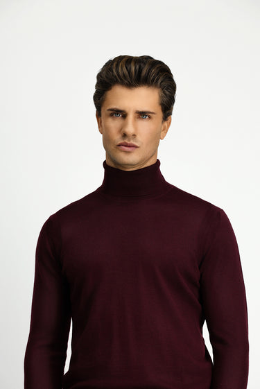 Koyu Bordo Balıkçı Yaka Regular Fit Yünlü Triko Kazak