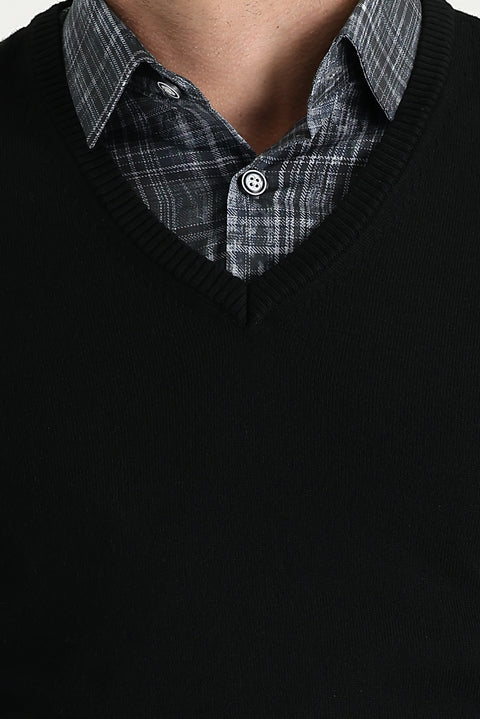 Black V-Neck Regular Fit Knit Sweater
