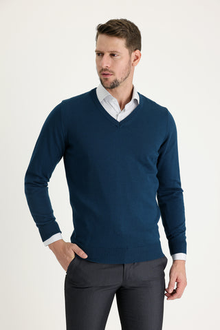 Orta Petrol V Yaka Regular Fit Triko Kazak