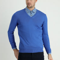 Koyu Mavi V Yaka Slim Fit Dar Kesim Pamuklu Triko Kazak
