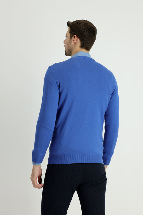 Koyu Mavi V Yaka Slim Fit Dar Kesim Pamuklu Triko Kazak