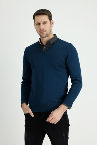 Orta Petrol V Yaka Slim Fit Dar Kesim Pamuklu Triko Kazak