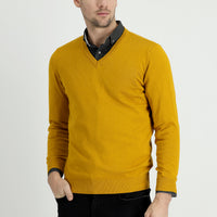 Mustard Yellow V-Neck Regular Fit Cotton Knit Sweater
