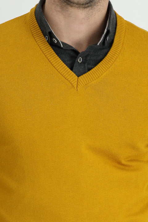 Mustard Yellow V-Neck Regular Fit Cotton Knit Sweater