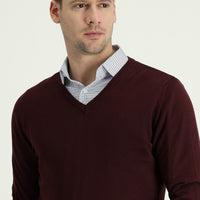 Dark Claret Red V-Neck Regular Fit Knitwear Sweater