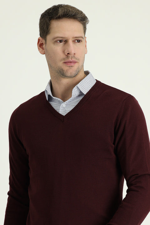 Dark Claret Red V-Neck Regular Fit Knitwear Sweater