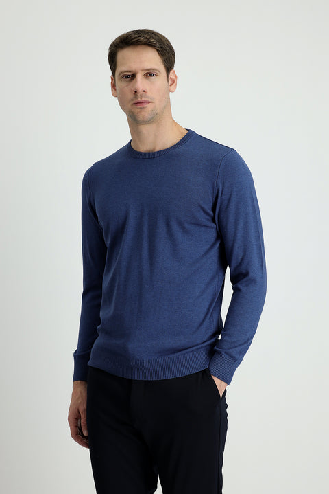 İndigo Melanj Bisiklet Yaka Slim Fit Dar Kesim Pamuklu Triko Kazak