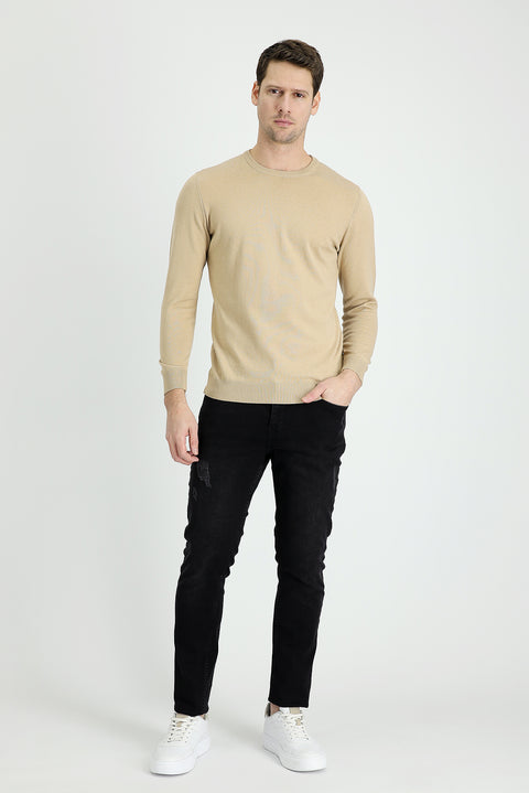 Light Beige Crew Neck Regular Fit Cotton Knit Sweater
