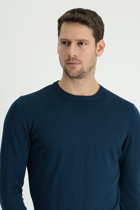 Medium Petrol Crew Neck Regular Fit Cotton Knit Sweater
