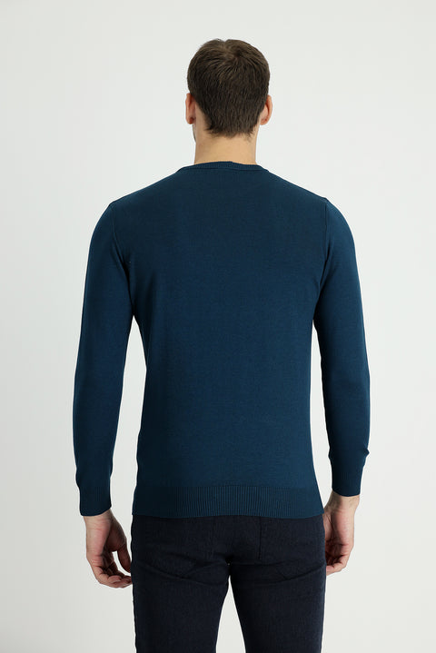 Medium Petrol Crew Neck Regular Fit Cotton Knit Sweater