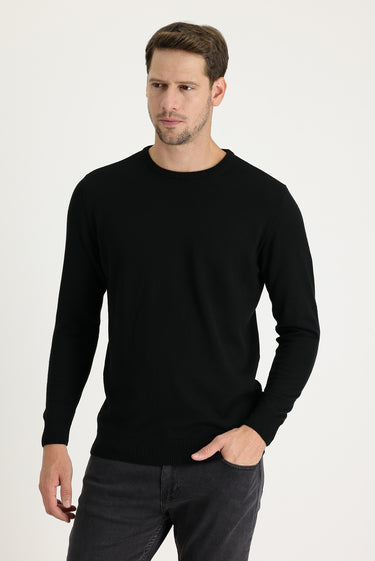 Siyah Bisiklet Yaka Regular Fit Triko Kazak