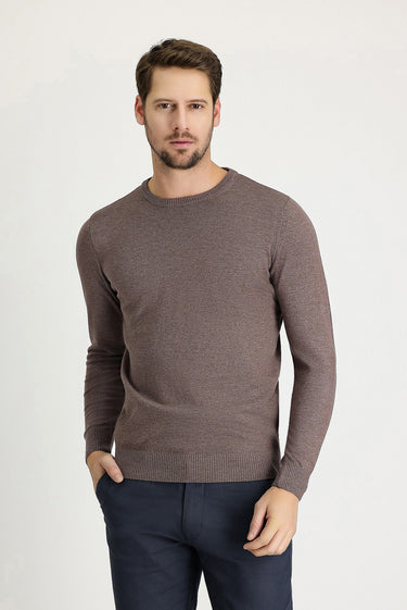 Açık Kahve Melanj Bisiklet Yaka Regular Fit Pamuklu Triko Kazak