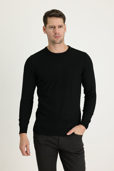 Siyah Bisiklet Yaka Regular Fit Triko Kazak