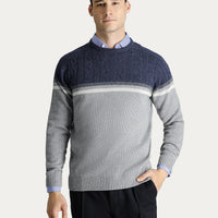 Orta Gri Bisiklet Yaka Slim Fit Dar Kesim Desenli Triko Kazak