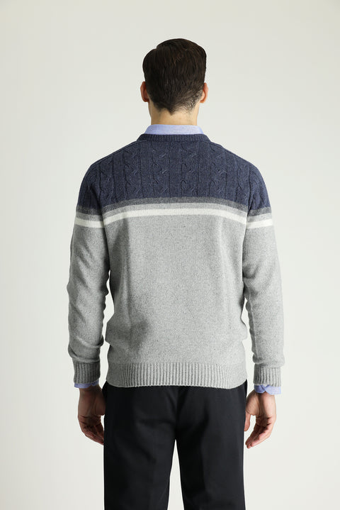Orta Gri Bisiklet Yaka Slim Fit Dar Kesim Desenli Triko Kazak