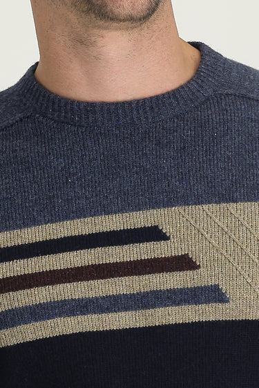 Koyu Lacivert Bisiklet Yaka Slim Fit Dar Kesim Dikişsiz Desenli Triko Kazak