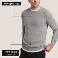 Medium Grey Crew Neck Slim Fit Narrow Cut Patterned Knit Sweater