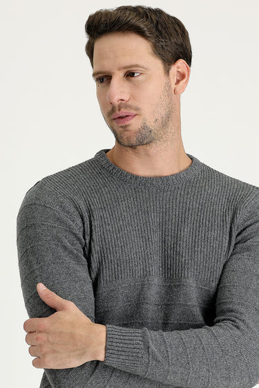 Orta Füme Bisiklet Yaka Slim Fit Dar Kesim Desenli Triko Kazak