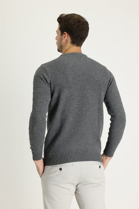 Orta Füme Bisiklet Yaka Slim Fit Dar Kesim Desenli Triko Kazak