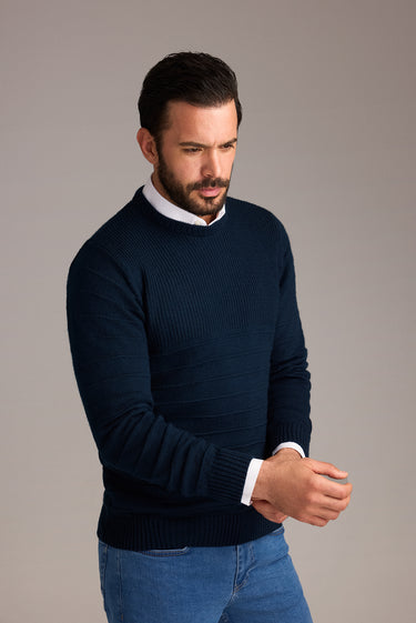 Orta Lacivert Bisiklet Yaka Slim Fit Dar Kesim Desenli Triko Kazak