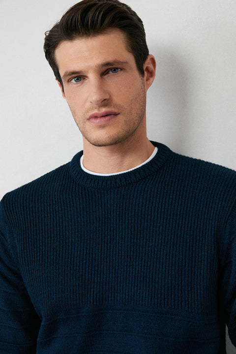 Medium Navy Crew Neck Slim Fit Narrow Cut Patterned Knit Sweater