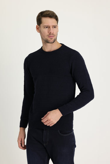 Orta Lacivert Bisiklet Yaka Slim Fit Dar Kesim Desenli Triko Kazak