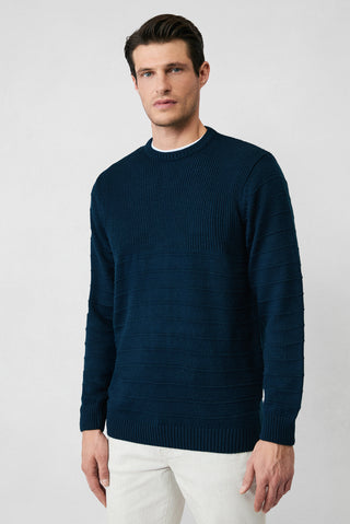 Orta Lacivert Bisiklet Yaka Slim Fit Dar Kesim Desenli Triko Kazak