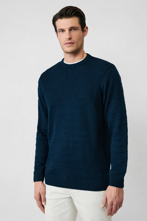 Medium Navy Crew Neck Slim Fit Narrow Cut Patterned Knit Sweater