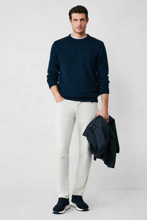 Medium Navy Crew Neck Slim Fit Narrow Cut Patterned Knit Sweater