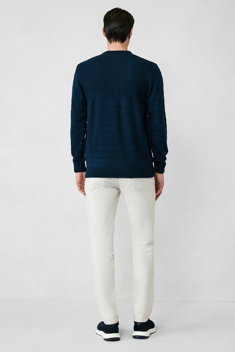 Medium Navy Crew Neck Slim Fit Narrow Cut Patterned Knit Sweater