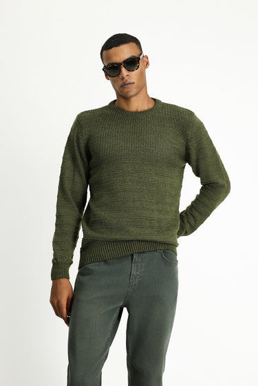 Orta Haki Bisiklet Yaka Slim Fit Dar Kesim Desenli Triko Kazak