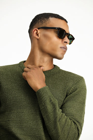 Orta Haki Bisiklet Yaka Slim Fit Dar Kesim Desenli Triko Kazak