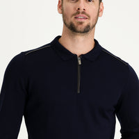 Koyu Lacivert Polo Yaka Slim Fit Dar Kesim Fermuarlı Desenli Triko Kazak