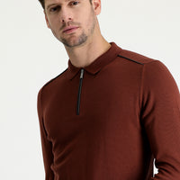 Brick Red Polo Collar Slim Fit Narrow Cut Zip-Up Patterned Knit Sweater